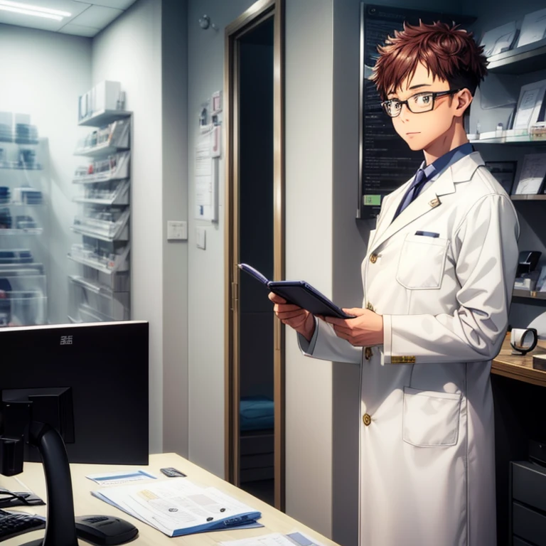 context, 25 years old. Energetic optician, working in a glasses shop, Wearing white coat, Kaguran, clinical theme