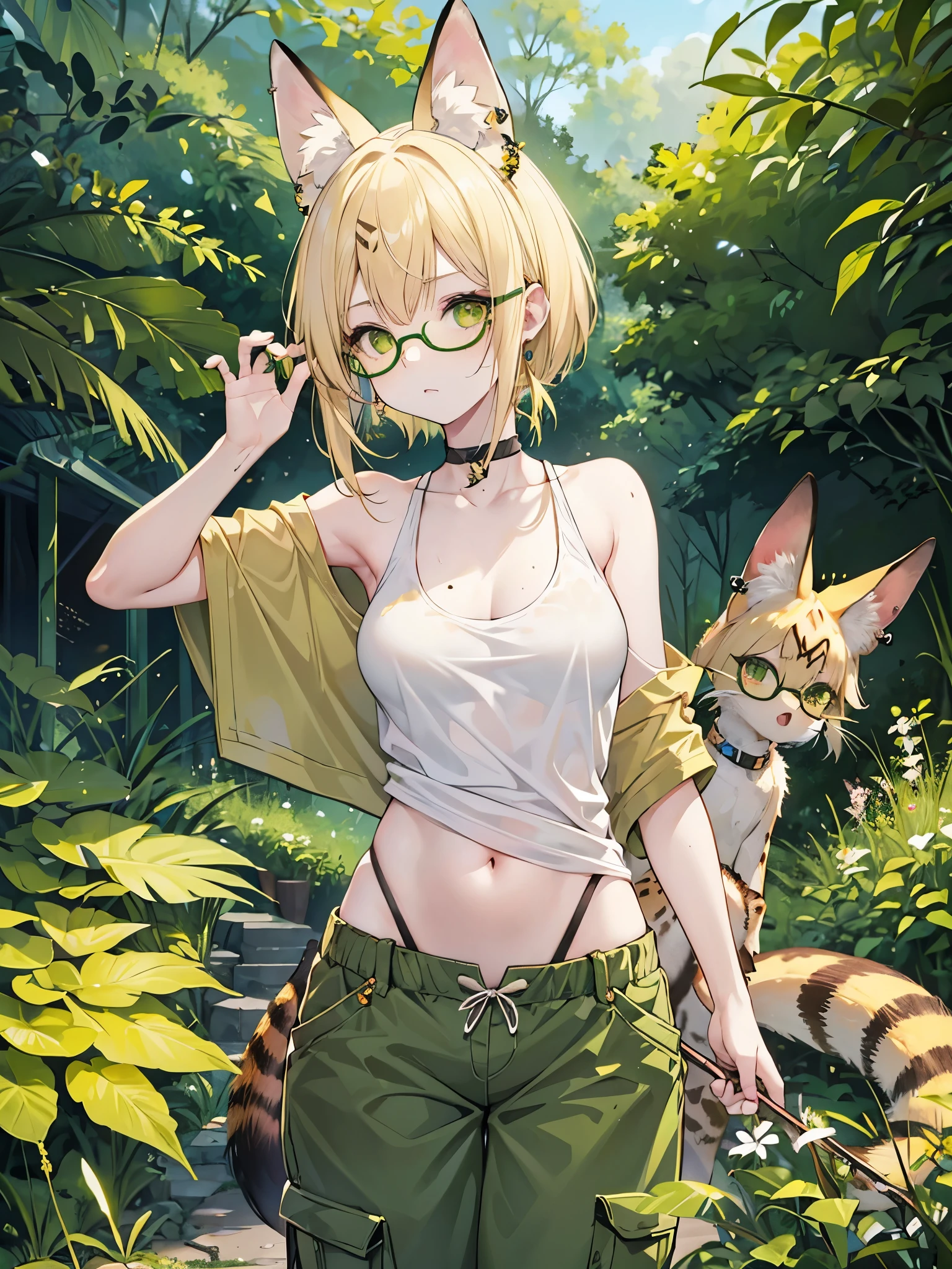 A sexy girl with ash blonde hair and serval ears and tail and one eye is green the other amber with freckles, green wireframe circle glasses, off shoulder khaki tank top, and forest green cargo pants. She has the perfect body and worm on a string earrings.