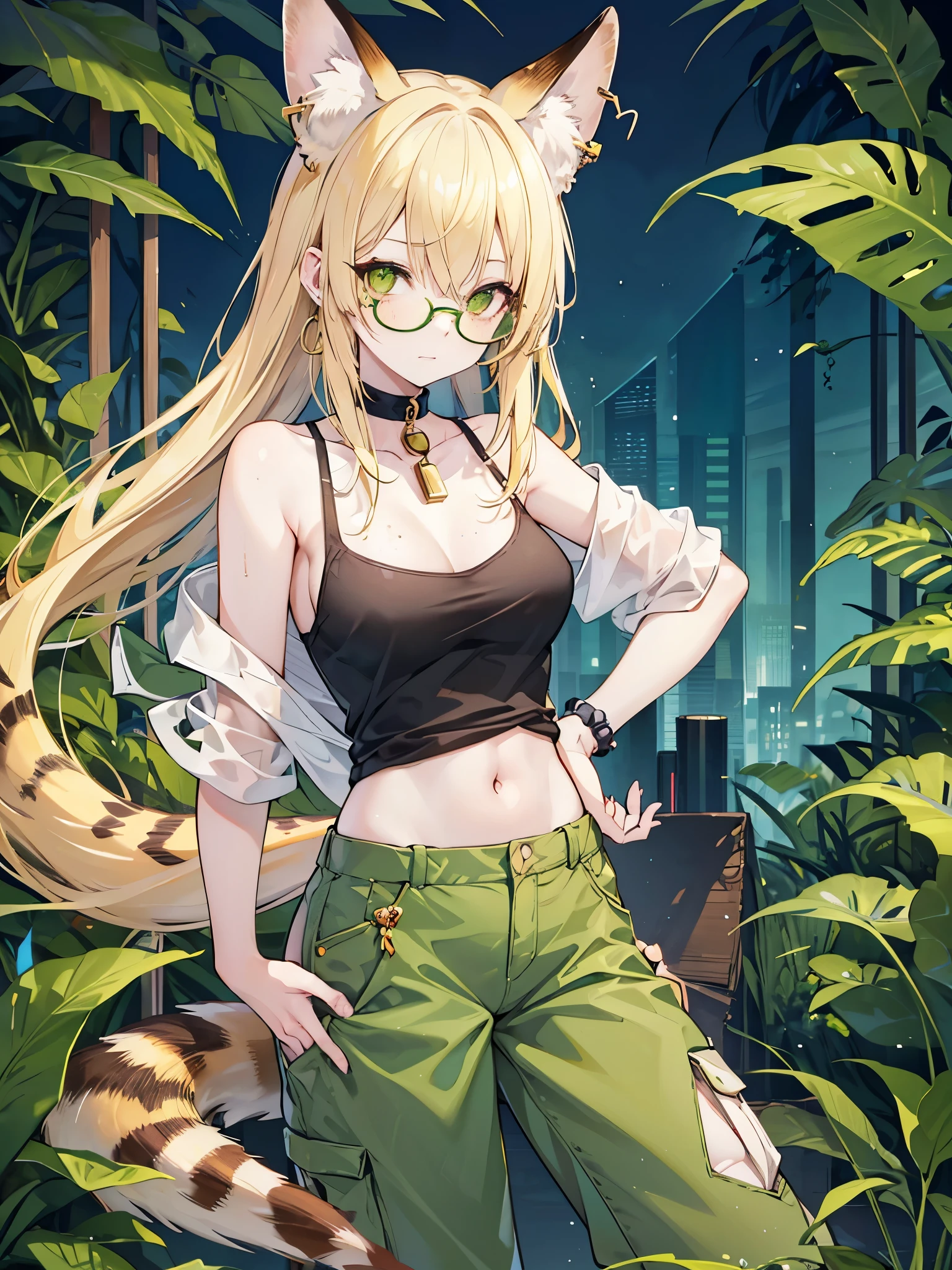 A sexy girl with ash blonde hair and serval ears and tail and one eye is green the other amber with freckles, green wireframe circle glasses, off shoulder khaki tank top, and forest green cargo pants. She has the perfect body and worm on a string earrings.