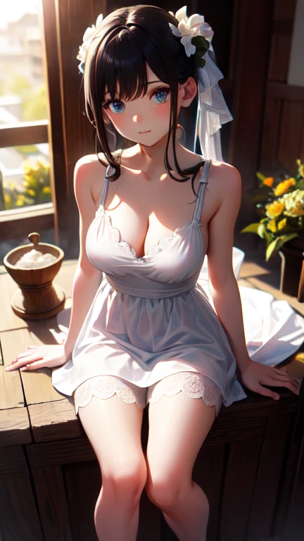 masterpiece, highest quality, One Girl, Thighs, beautiful girl, Flowers, たくさんの小さなflowerびら, flower、Small waist, RAWphotograph,Bright lighting、Face Light, Ultra-realistic, High resolution, photograph, Sharp focus, Highly detailed eyes and face,Symmetrical face, whole body、Large 、Long Hair、チラリと見えるThighs、Cleavagcro andals、White lace shirt、Sleeveless、Her hair was tied with a big red ribbon、White high heels、After bath、On the way home from the bathhouse