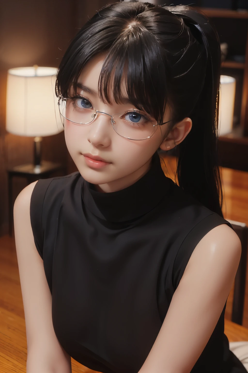 ((Masterpiece, Detailed face, Detailed eyes, detailed anatomy, Oily skin, Fine skin, White skin)), (Masterpiece, Best quality, High quality, Ultra-detailed, extremely details, High Resolution, Super realistic, ultra realistic, Strong lights, Photography, Brighten the subject, Perfect face, Cute Face), 1 adorable girl, solo, looking at viewer, head(Black hair, pony-tail, silky hair, blunt bangs) face(sparkling black eyes, Wearing a round eye glasses), clothes(black Sleeveless Turtleneck Dress), Huge breast(Saggy breast:1.5), inside of room, standing and looking at viewer with sweet smile, clothes(black Sleeveless Turtleneck Dress),