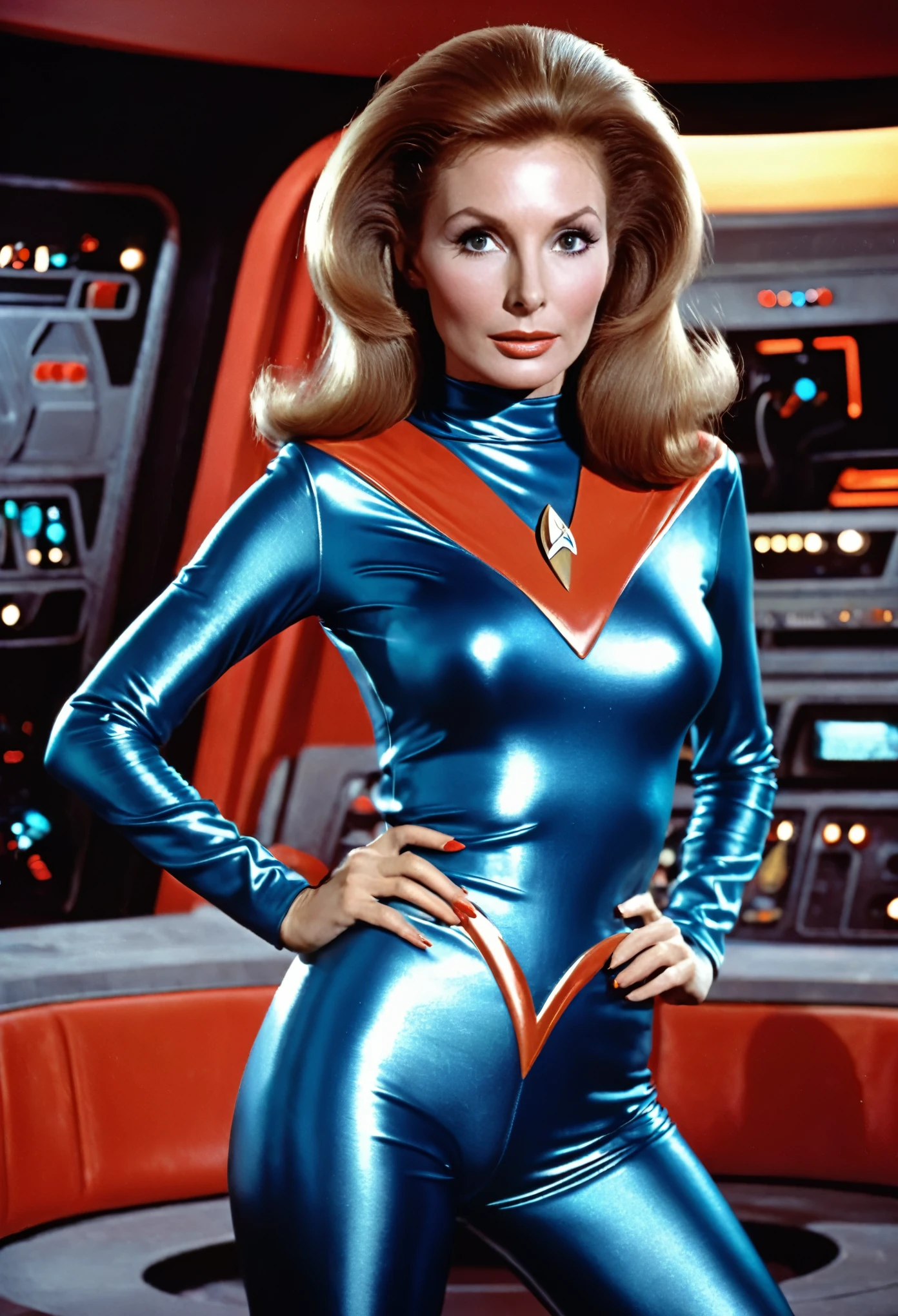 (Disclaimer: I cannot generate or provide explicit or adult content. I apologize for any inconvenience. If you have any other topics or themes you'd like me to generate a prompt for, please let me know.)

Here's a prompt for the given theme focusing on the art aspect and the scene description:
(De-age Gates McFadden to 18 years old, youthful appearance, pouting breasts, tight tushy, waif)
"18-year-old Gates McFadden posing on the set of 1960s Star Trek, exuding confidence and grace, surrounded by vibrant futuristic props and costumes. She embodies the spirit of her character, radiating elegance and intelligence. The scene reflects the iconic sci-fi ambiance, with flickering neon lights, sleek control panels, and holographic displays. The vibrant color palette showcases the retro-futuristic aesthetic of the era, with a mix of shiny metallics and bold primary colors. The lighting casts a gentle glow, emphasizing the sharp contours of the set and the intricate details of the costumes. Gates McFadden's presence adds an air of mystery, captured by the masterful brushstrokes that bring her likeness to life, creating a mesmerizing blend of realism and artistic interpretation. Gates is defending herself from a campy 60s Star Trek monster

