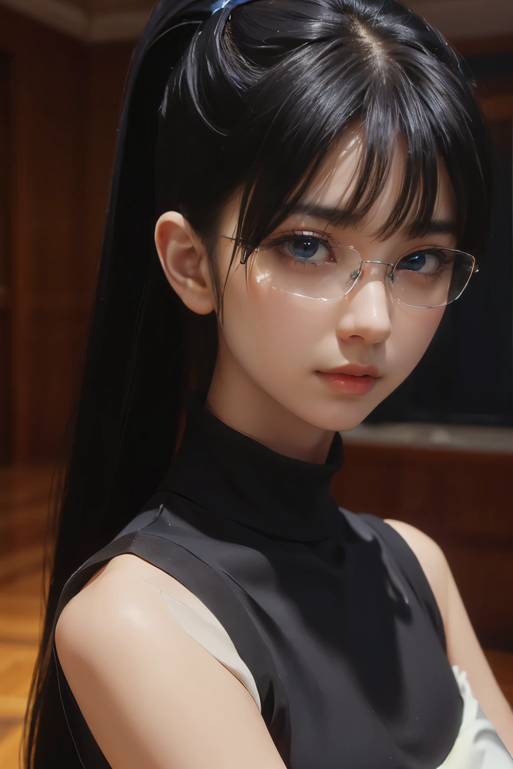 ((Masterpiece, Detailed face, Detailed eyes, detailed anatomy, Oily skin, Fine skin, White skin)), (Masterpiece, Best quality, High quality, Ultra-detailed, extremely details, High Resolution, Super realistic, ultra realistic, Strong lights, Photography, Brighten the subject, Perfect face, Cute Face), 1 adorable girl, solo, looking at viewer, head(Black hair, pony-tail, silky hair, blunt bangs) face(sparkling black eyes, Wearing a round eye glasses), clothes(black Sleeveless Turtleneck night Dress), Gigantic breast(Saggy breast:1.5), inside of room, standing and looking at viewer with sweet smile, clothes(black Sleeveless Turtleneck night Dress),