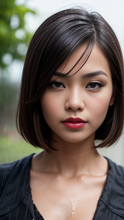 "an eye contact of a thai-malay mix woman in heavy raining with ultra wet look, water drops falling from her hair, water gently flowing down of her face skin, grimace, primer, Intricate, cream eyeliner, stain lipstick, odd numbers, Button nose, smooth skin, the heavy rain, wet look, bob haircut, pink skin color, soft focus. 8k, highly detailed, detailed skin texture, natural skin texture, detailed cloth texture, perfect eyes, detailed eyes,, (high quality, best quality:1.3),
