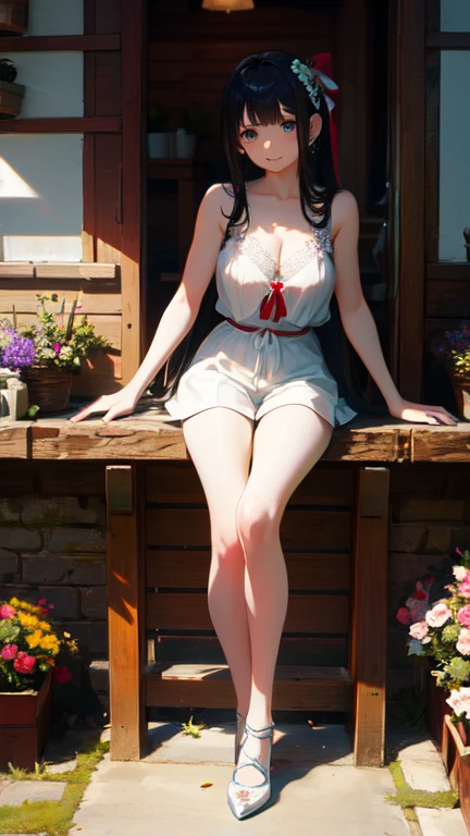 masterpiece, highest quality, One Girl, Thighs, beautiful girl, Flowers, たくさんの小さなflowerびら, flower、Small waist, RAWphotograph,Bright lighting、Face Light, Ultra-realistic, High resolution, photograph, Sharp focus, Highly detailed eyes and face,Symmetrical face, whole body、Large Breasts、Long Hair、チラリと見えるThighs、Cleavage、Red Micro andals、White lace shirt、Sleeveless、Her hair was tied with a big red ribbon、White high heels、After bath、Public bath、White shorts are visible