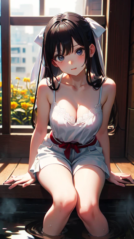 masterpiece, highest quality, One Girl, Thighs, beautiful girl, Flowers, たくさんの小さなflowerびら, flower、Small waist, RAWphotograph,Bright lighting、Face Light, Ultra-realistic, High resolution, photograph, Sharp focus, Highly detailed eyes and face,Symmetrical face, whole body、Large Breasts、Long Hair、チラリと見えるThighs、Cleavage、Red Micro andals、White lace shirt、Sleeveless、Her hair was tied with a big red ribbon、White high heels、After bath、Public bath、White shorts are visible