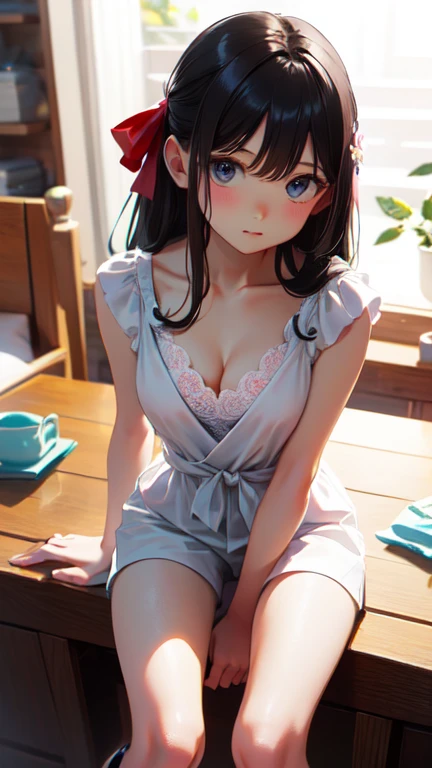 masterpiece, highest quality, One Girl, Thighs, beautiful girl, Flowers, たくさんの小さなflowerびら, flower、Small waist, RAWphotograph,Bright lighting、Face Light, Ultra-realistic, High resolution, photograph, Sharp focus, Highly detailed eyes and face,Symmetrical face, whole body、Large Breasts、Long Hair、チラリと見えるThighs、Cleavage、Red Micro andals、White lace shirt、Sleeveless、Her hair was tied with a big red ribbon、White high heels、After bath、Public bath、White shorts are visible