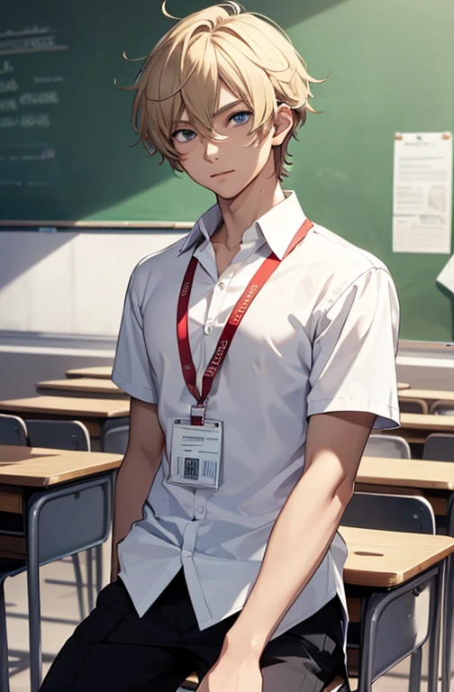 ((best quality)), ((masterpiece)), (high quality:1.1), 1man, solo, (male:2), teenage male, age 15, happy, solo, anime face, (anime:1.2), (detailed eye:1.5), clear eyes, quality eyes, (Untucked Shirt:1.5), student, white school shirt (plain white), short sleeves, long black pants, ((wearing lanyard, (lanyard:1.1)), sitting, classroom, school, anime, line art anime