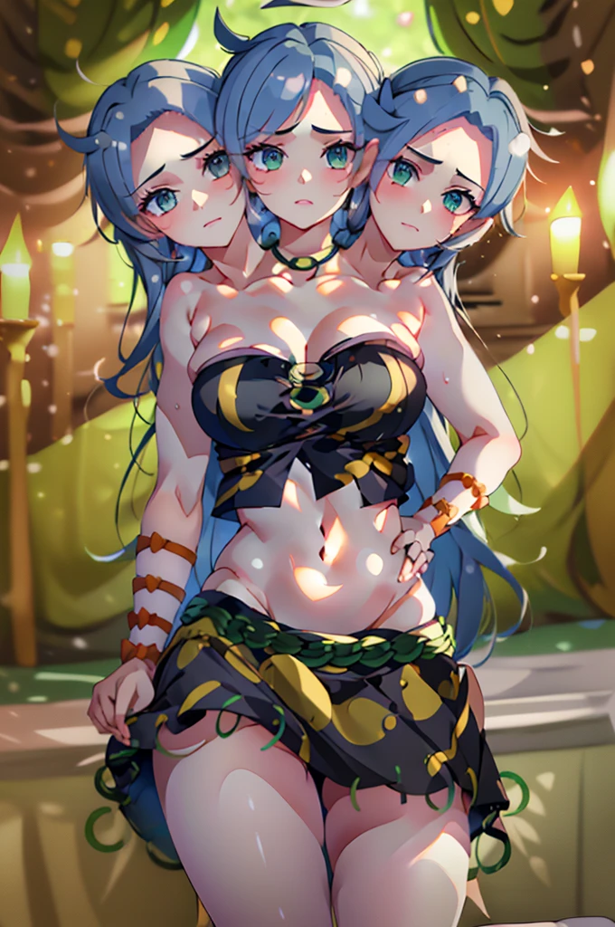 (masterpiece, best quality), best quality, (ultra-detailed), (3heads:1.5), 1girl, (himemushi momoyo:1.3), masterpiece, best quality, ultra quality, ultra resolution, ultra detail, black top, crop top, ((stomach)), midriff, ((groin)), black skirt, normal ears, shackles, grey hair, very long hair, wavy hair, sidelocks, green eyes, detailed eyes, parted lips, sweat, cute, open belly, toned belly, hand on own chest, hands on the hips, eyelashes, (24 year old woman:1.3), (masterpiece:1.5), (best quality:1.5), (beautiful detailed), extremely detailed CG, extremely delicate and beautiful, depth of field, (finely detailed face), (perfect details:1.2), (mature female:1.4), wide pelvis, slender, large veiny breast, 16k resolution, highres, high quality, high definition, extremely detailed, masterpiece, grey hair, long hair, alluring presence, braid, short skirt, close up, big tits, young, arm ribbon, necklace, open belly,
