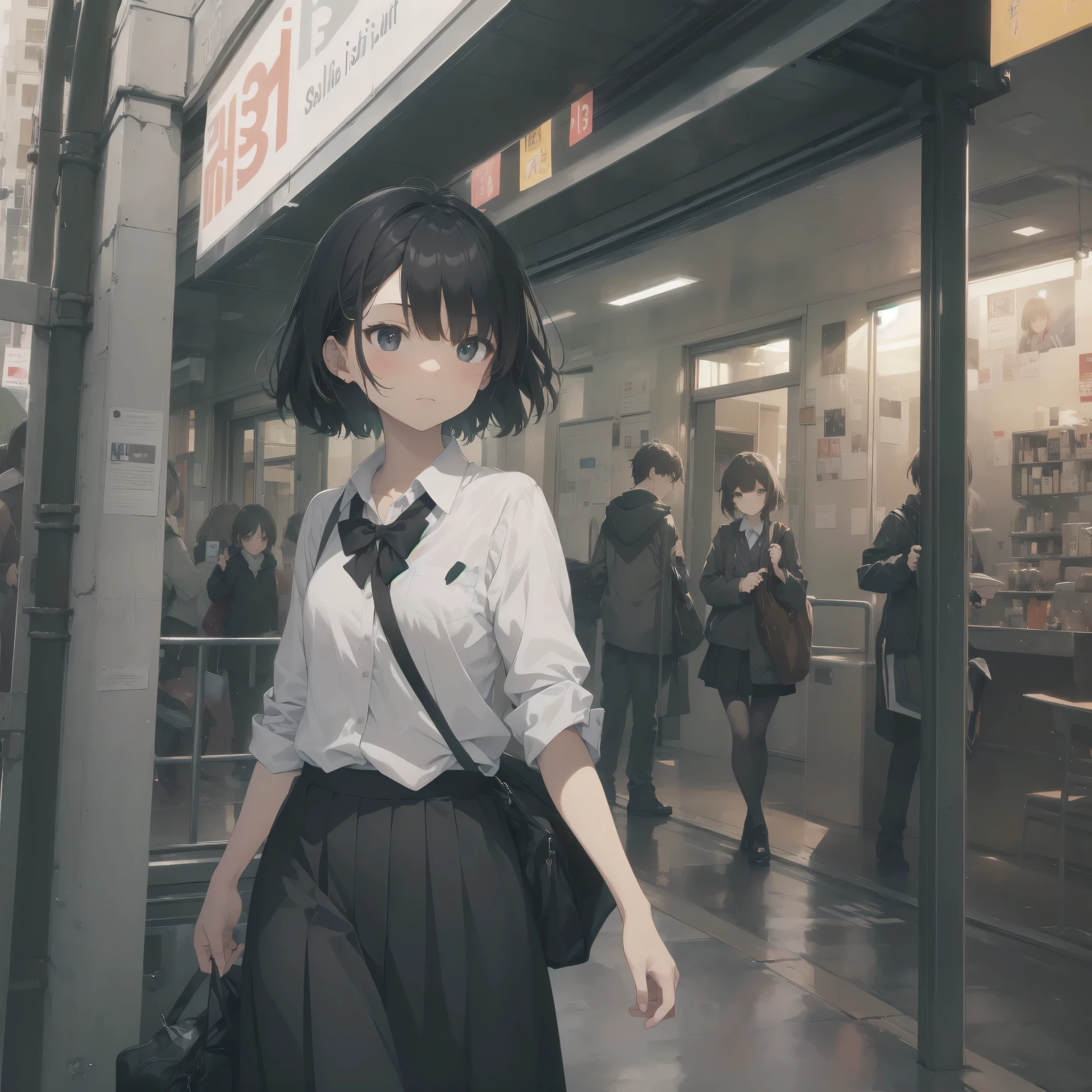 ultra-absurdres-Top quality by artist God, ultra-detailed, high resolution, anime moe artstyle, best anime 8k konachan wallpaper, pixiv contest winner, pool:2810, perfect anatomy,break, 1girl, (Please draw a girl walking sleepily to school alone. )break,(Solo,little female, 13-year-old:1.3),Full limbs, complete fingers,a junior high school student, (very short hair), short cut, flat chest, , small butt, small black eyes, beautiful detailed eyes, well-proportioned iris and pupils, expressive eyes, highres detailed hair, soft expression, school_uniform, bowtie, collared shirt. pleated skirt,(Detailed Lighting), (Detailed background), in the School commute route. break,super detailed skin, Best cinematic lighting powered by famous artist, 8k,beauty illustration,photoshop_(medium),very aesthetic,break,((artist:rebecca (keinelove) )), artist:bolze ,artist:oyari ashito ,artist:kantoku ,