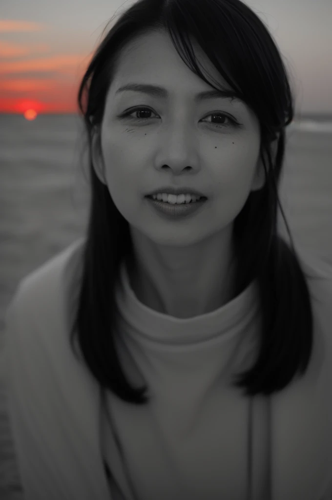 ((Top Quality)), ((8K)), ((Masterpiece: 1.3)), (Perfect Appearance), (Photorealism: 1.6), (grayscale: 1.6), (Japanese woman walking on the beach with the sunset in the background: 1.4), (sandy beach at sunset), (The setting sun is dazzling), (Mont Saint Michel can be seen in the background: 1.2), japanese woman, (48 years old), (back view), ((Standing upright, facing forward, center of screen)), ((Realistic skin texture)), (Fine wrinkles throughout the skin), (Dull skin), (Skin without moisture) , (Wrinkles on the face), (Wrinkles on the corners of the eyes), Double eyelids, tear bags on the lower eyelids, The eyes are looking here, serious gaze, smile with the corners of the mouth raised wide, straight medium length, hair fluttering in the wind, (Only the lips are red color: 1.6), (face close-up: 1.3), Angle from feet: 1.2,