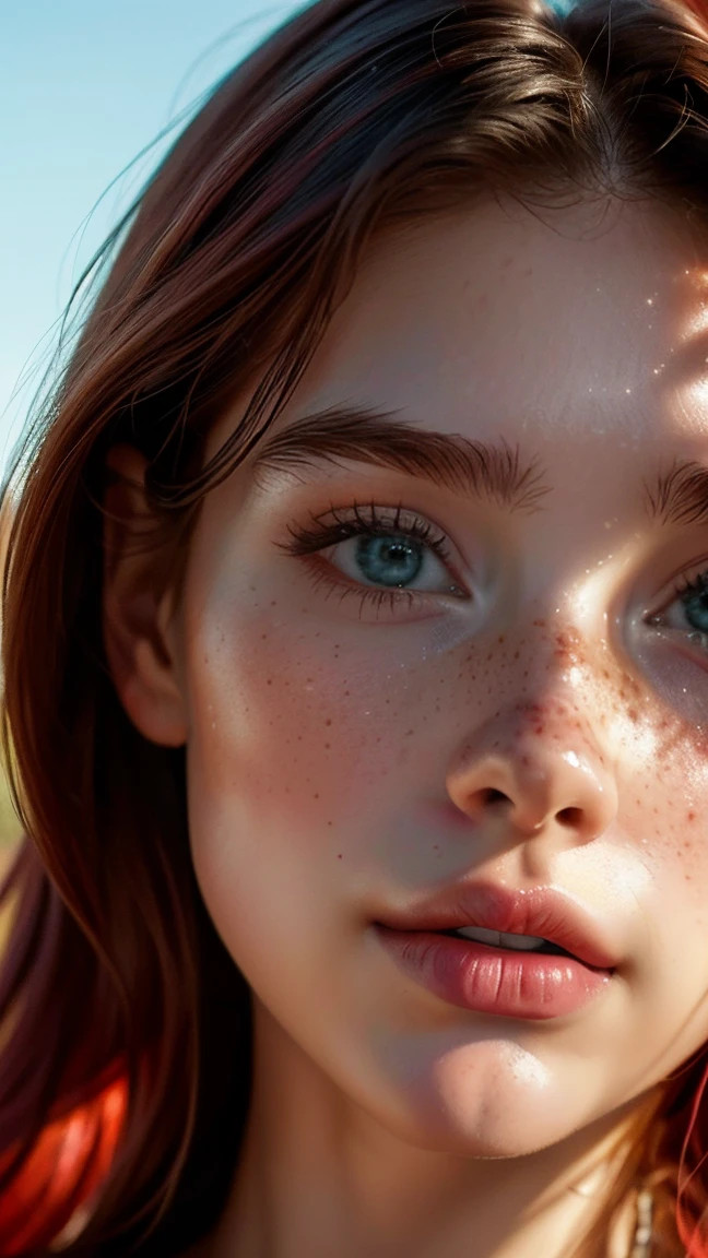 Ultra-realistic full-face photorealistic image of a goddess, 18-year-old young with a beautiful face and deep blue eyes and a charming chin that captivates anyone who meets her. Her ornate light red hair falls gracefully over her shoulders, framing her face elegantly. Full lips paint a smile. His face is adorned with one or more spots, adding a touch of mystery and charm. Light freckles add a playful and natural look to your appearance, giving you an aura of freshness. Her beauty is a harmonious blend of unique and captivating features, making her irresistibly attractive. - Immerse the viewer in the extravagant charm of a visual by purposefully avoiding direct eye contact with the camera by focusing to the right. The model, dressed in bold makeup, has a captivating expression and a mix of seductive mystery.