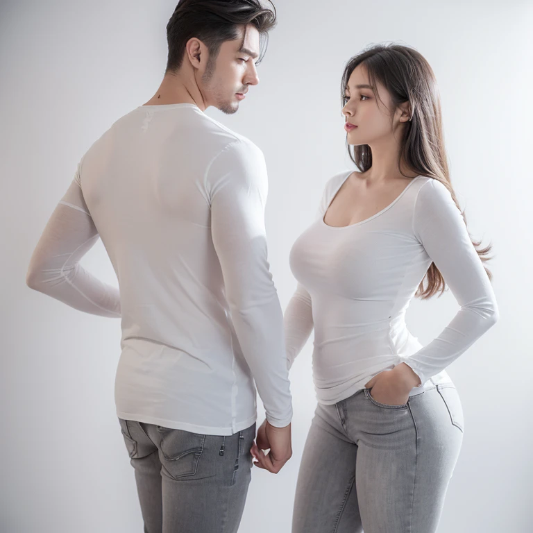 A Couple, (((1 man, standing and looking to 1 girl))), lover, close to each other, (((Man : wearing white shirt on top, gray jeans on bottom))), (((Girl : wearing white long tight dress))), (((Girl : show perfect body))), huge breasts, voluptuous, thicc, curvy, look sexy, ((plain background)), ((plain background)), (((empty background)))