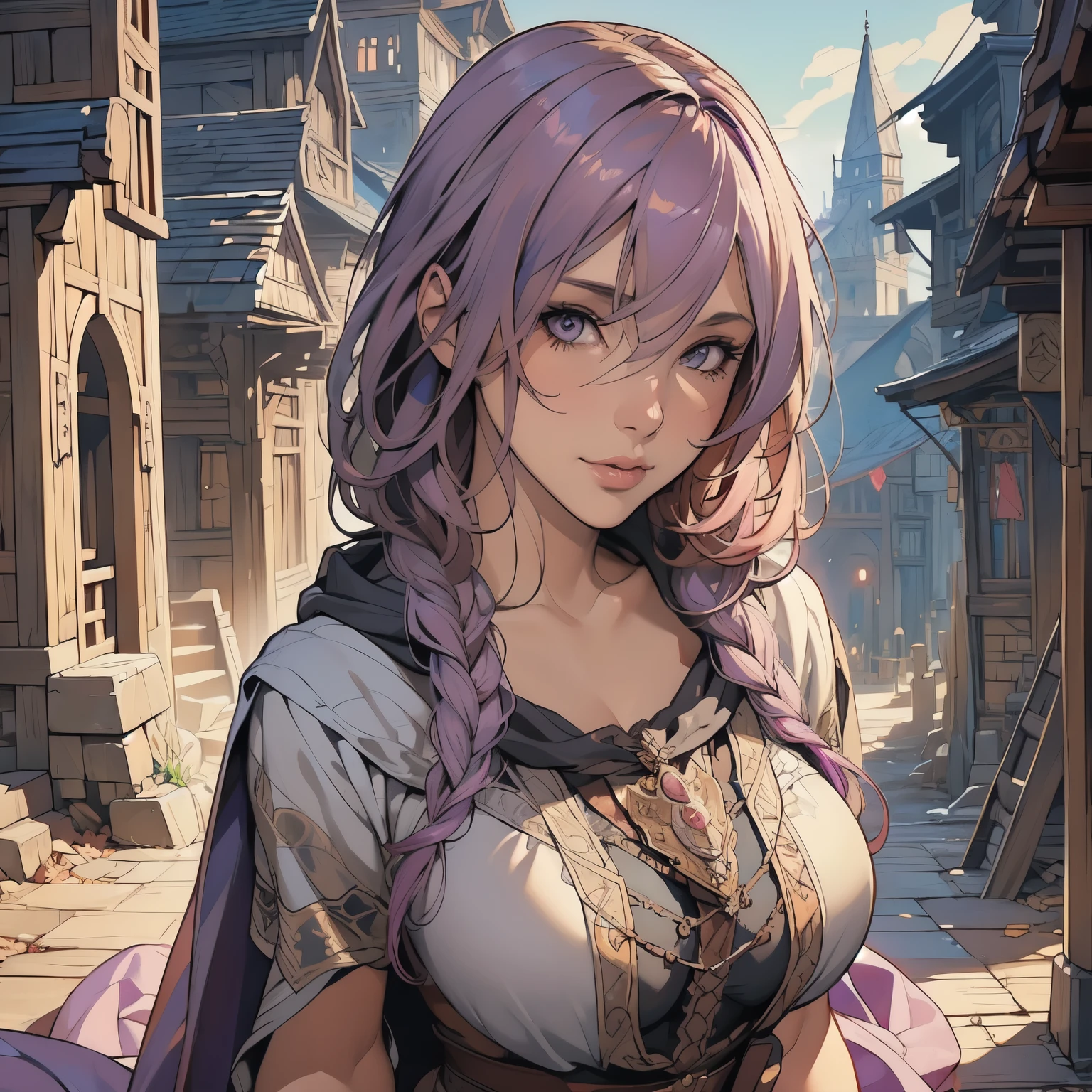 ((Detailed face)),((Mucha's style)),(portrait),huge breasts, Raised ,The look of ecstasy,purple pink hair,half-up braid,(arms behind back:1.2),((be downcast))((Medieval fantasy Female bandit)),Wearing Medieval bandit clothing,(cowboy shot:1.2)