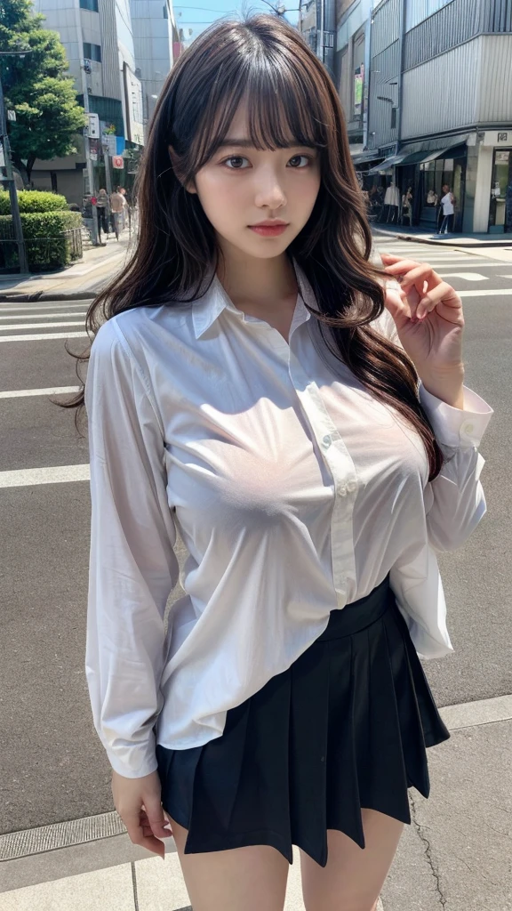 muste piece, best quality, illustration, Super detailed, fine details, High resolution, 8K,wall paper, perfect dynamic composition,(Details High quality, realistic depiction of eyes:1.3), (wavy hair:1.2), street snap, (Oversized_Shirt:1.2)、Oversized_Shirt, ((facing viewer)), at the street in tokyo, Layered Cut, black hair color, Big Natural Color Lip, pose, crying a little、cold gaze, Harajuku style、20 year old girl、cute type、loliosing Gravure Idol, full body photo, huge breasts