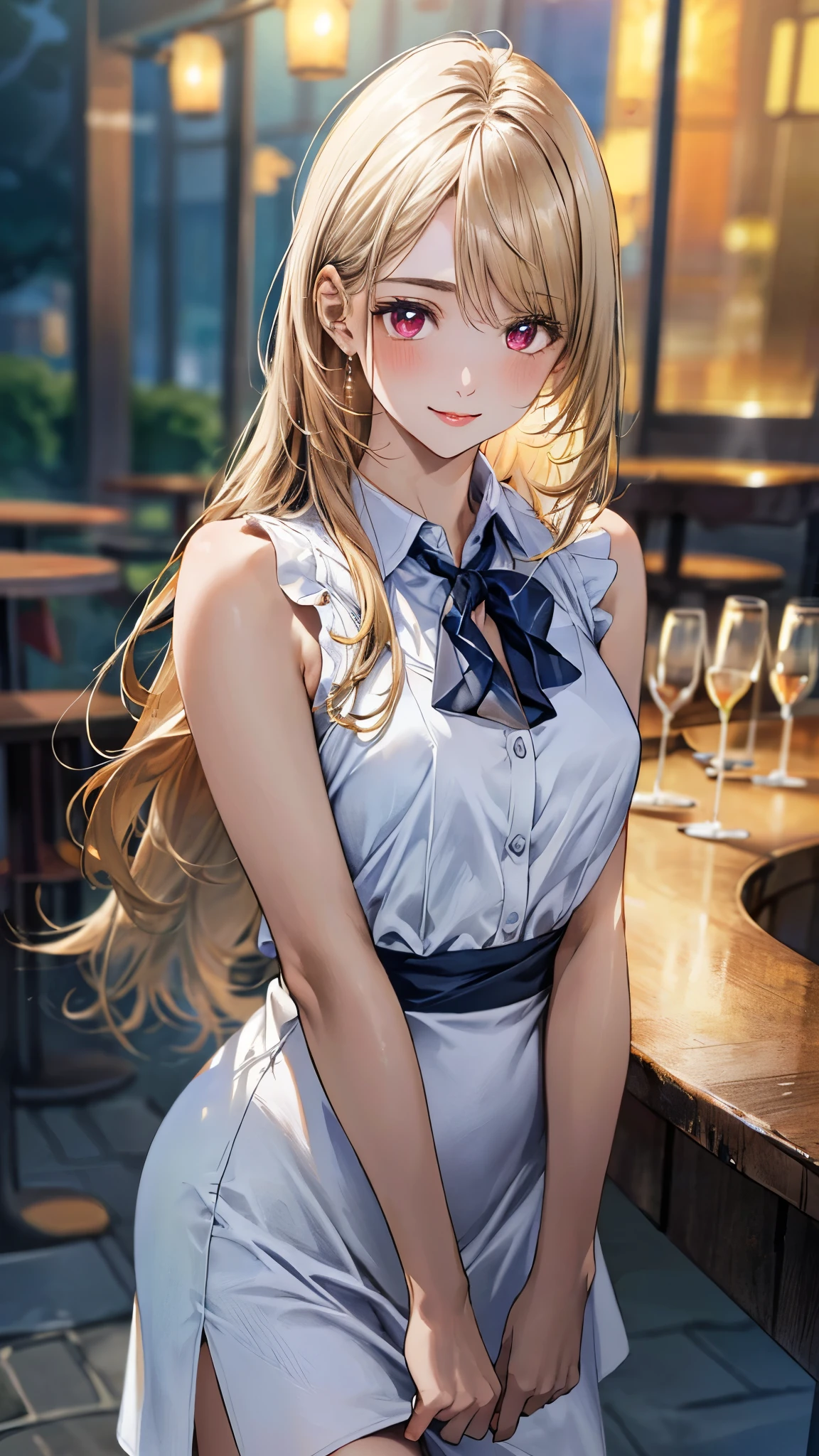(masterpiece:1.3, top-quality, ultra high res, ultra detailed), (realistic, photorealistic:1.4), beautiful illustration, perfect lighting, natural lighting, colorful, depth of fields, surrealism,
beautiful detailed hair, beautiful detailed face, beautiful detailed eyes, beautiful clavicle, beautiful body, beautiful chest, beautiful thigh, beautiful legs, beautiful fingers, shiny skin,
looking at viewer, 1 girl, japanese, high school girl, (perfect anatomy, anatomically correct, super detailed skin), cute and symmetrical face, face, perfect face, perfect eyes, slender,
(long hair:1.8, straight hair, ash blonde hair), swept bangs, maroon eyes, slant eyes, long eye lasher, (medium breasts, seductive thighs),
((detailed cloth texture, symmetrical fashion, sleeveless white collared shirt dress)),
(beautiful scenery), evening, (bar), standing, (lovely smile, upper eyes),