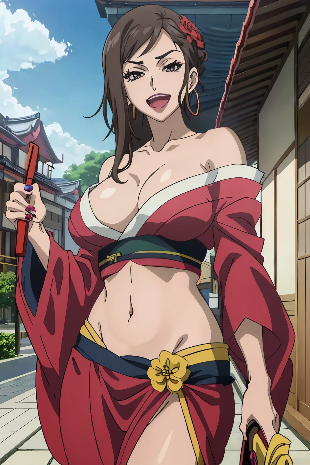 standing,
KiwakoMakina,hoop earrings,brown hair,,grey eyes)),((lips,makeup,lipstick,nail polish,red_nails,large breasts,hoop earrings,mature_female, masterpiece, best quality, highly detailed, a anime girls in kimono dress with a sword posing for a
picture, bare shoulder,open kimono, evil smile, open mouth, crop top , (nsfw) not safe for work, smile,
ecchi anime style, anime girls, ecchi style, ecchi, digital anime art!!, in anime style, official artwork, visual
novel cg, beautiful anime girl, anime style 4 k, kimono pencil skirt, exposed belly, exposed navel,
exposed midriff, exposed lower belly, outdoor, japanese architecture, temple