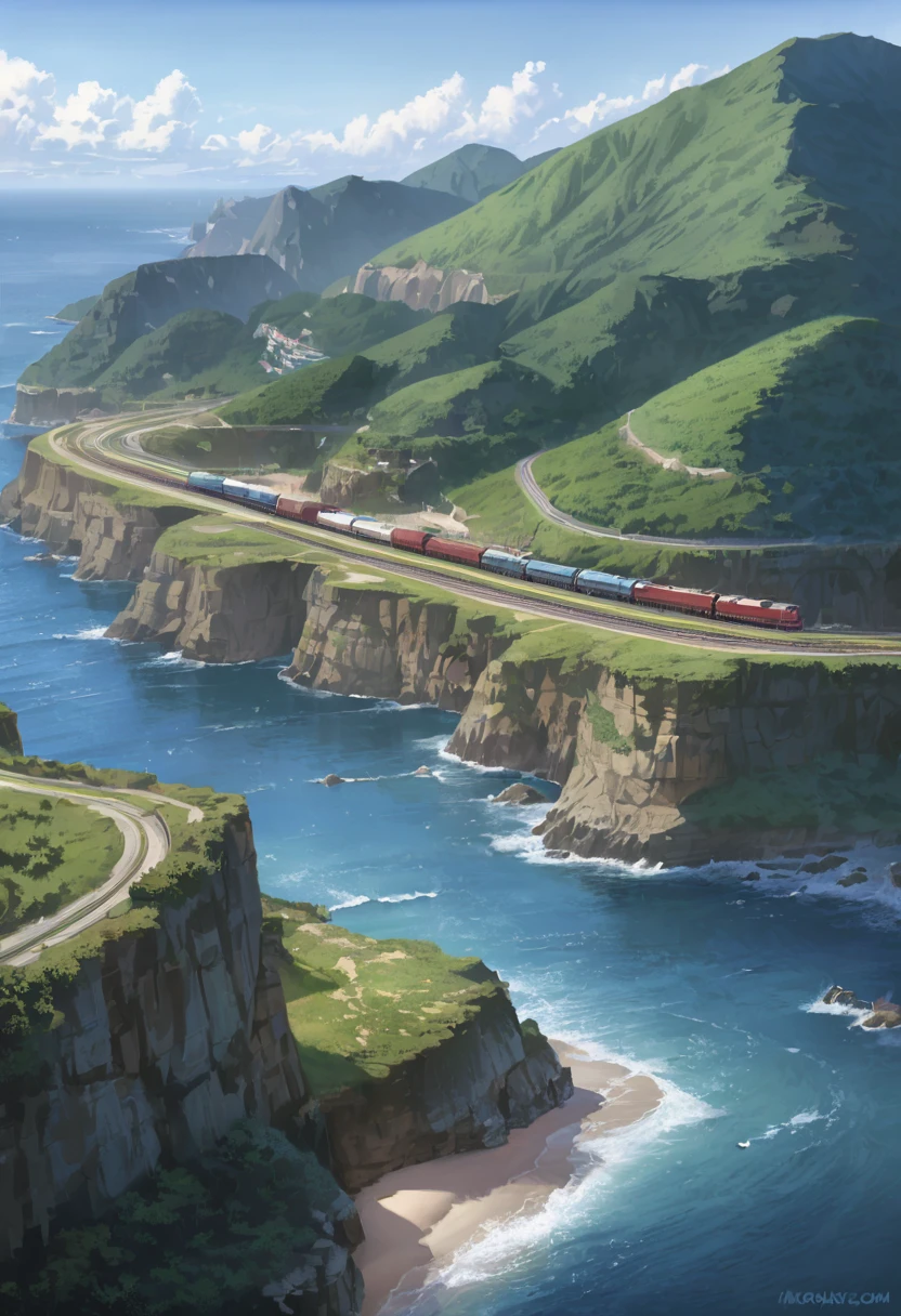 {{masterpiece、highest quality、(((Realistic、Realistic:1.37)))、8K quality}}、With aerial photography、Along the coastal terraced cape１A scene of both diesel cars running、The track is curved、Ups and downs、Hilly、grassland、Coastline with cliffs