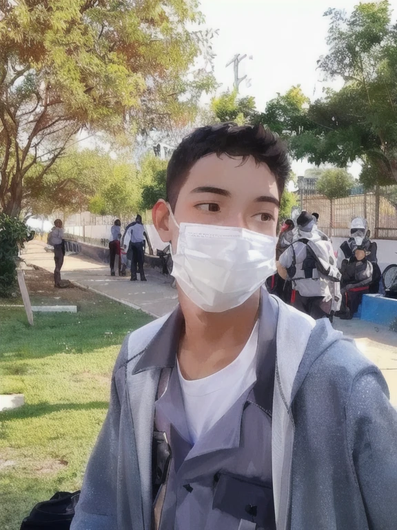 Boy standing, wearing a white mask covering the mouth, usando uma jaqueta cinza, com uma roupa cinza por dentro, menino olhando para o lado esquerdo.