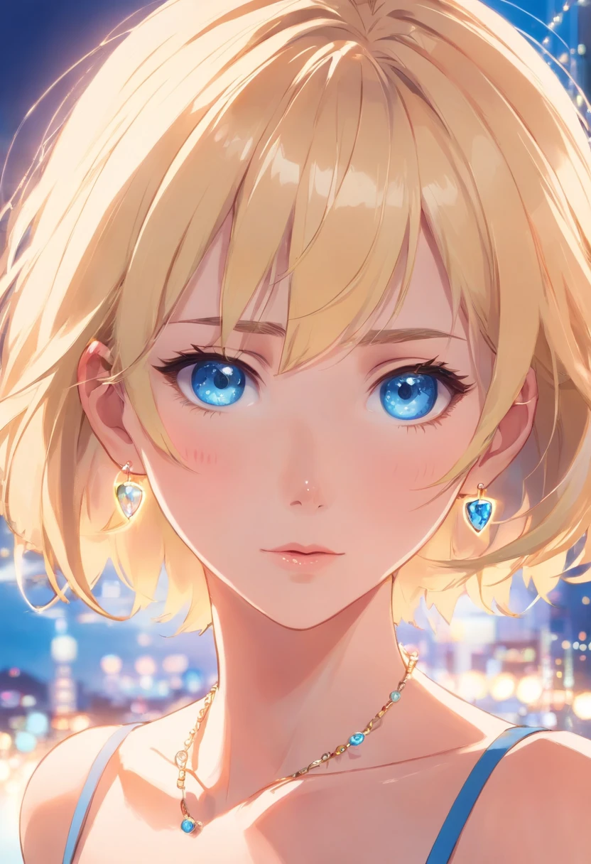 17 years old Women, ((Blonde)), ((Blue eyes)), ((Short hair)), close-up, very detailed makeup, pale pink lipstick, long earrings, bare shoulders and jewelry necklace