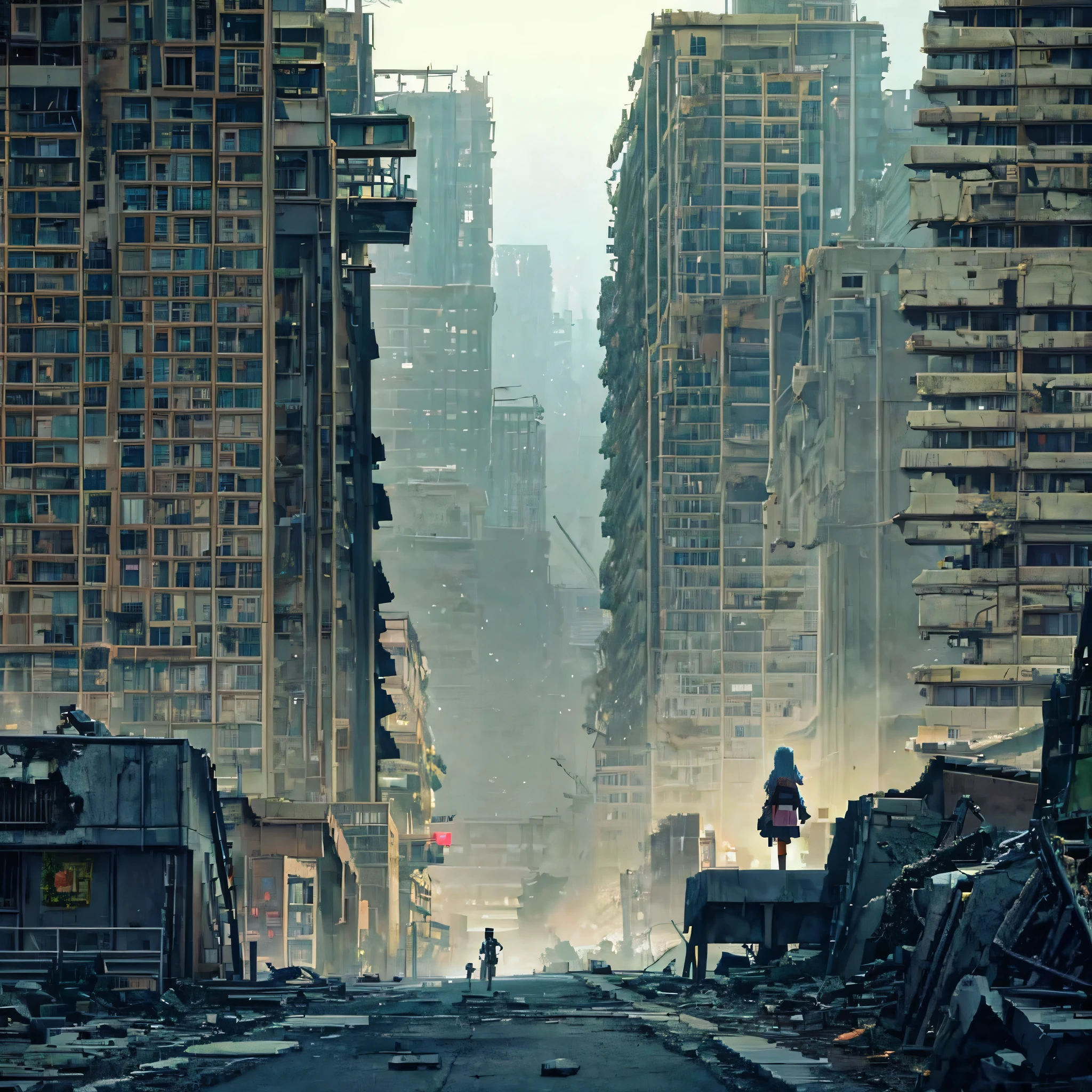 Girl with little clothes walking towards the dark city, anime style landscape, decaying city, poor lighting, girl walking in the city, planet seen in the sky, destroyed apocalyptic city, flora growing in the middle of the city, pixel art