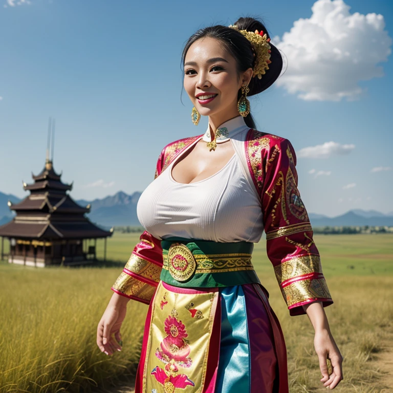 (thai woman),((highponytail)),(forehead),(Oriental Folk Costumes:1.5),(enormous breasts:1.5),(Fantastic World:1.6),(grasslands:1.6),(Fictitious building in Eastern European style in the background:1.3),big smile, (cowboy shot:1.4),8k, UHD,
