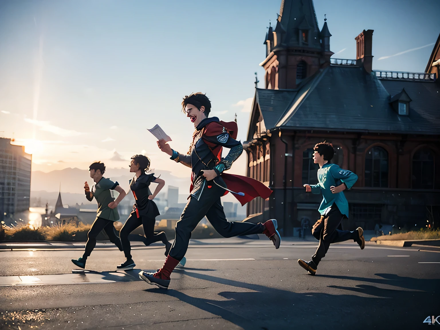 4 k detail fantasy, (((fullbody))), four boys running together, reading bible, (((side view))), happy, laughing, 2. 5 d cgi anime fantasy artwork, modern style, wow 4k detail fantasy, hyperdetailed fantasy character, full image,