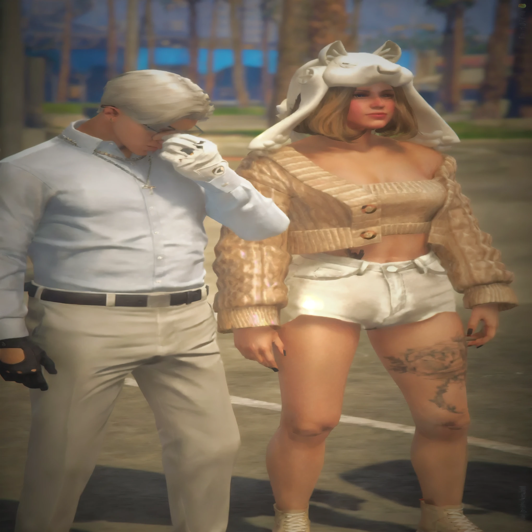 arafed woman in a white dress and a man in a white shirt,in clothes! highly detailed, ariana grande in gta v, realistic clothing, no hood | | realistic shaded, street clothes, fashion gameplay screenshot, in city street, gta5 style, & jeehyung lee & wlop, extra realistic details
