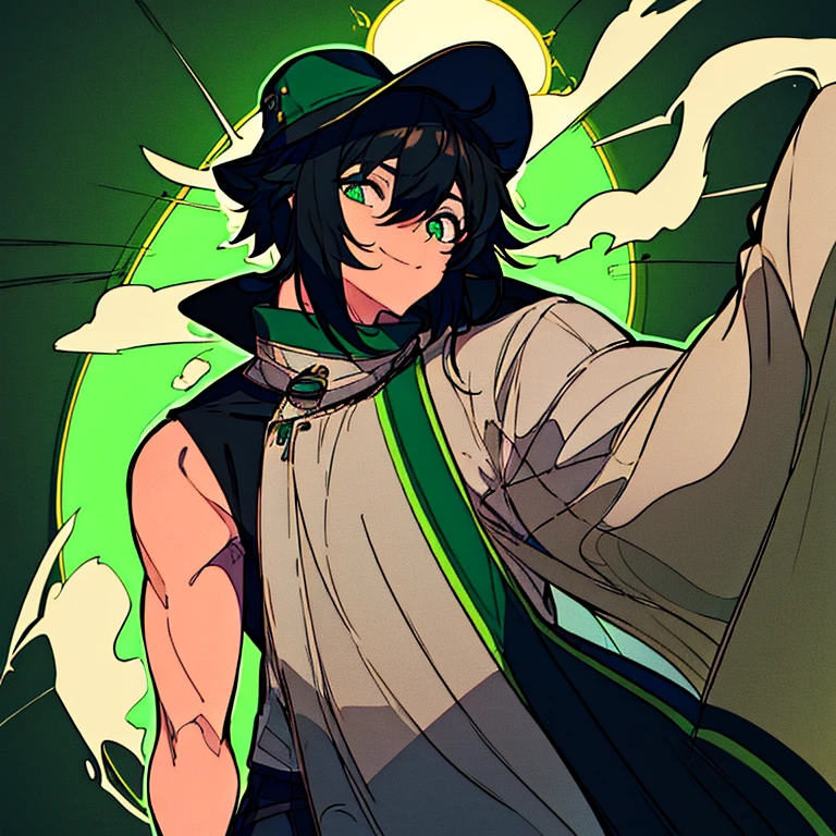 Human male, black shirt with green accents, white sweat pants, black sun hat with wide brim, green pupils, smile, short black hair, simple black background