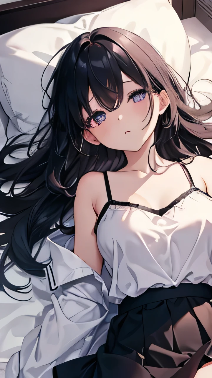 (Webtoon Touch)On a white bed、Young woman lying down、Looking up、Black Skirt、camisole、Big Breastedium long black hair、Iris