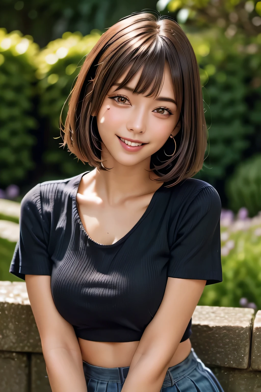 (8k, RAW Photos, highest quality, masterpiece, Realistic, Realistic), (1 female), (Ultimate beauty), Highly detailed face, (Perfect Teeth), Beautiful Eyes, double eyelid, eyelash, smile, Lip details, Brunette Bob, The light shines on your face, Big Breasts, ((T-Shirts)), (Tight mini skirt), (background: garden), ((Written boundary depth))