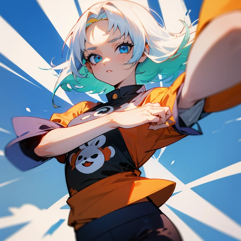 Cuerpo completo, Chica anime, mujer alta, pelo blanco, pelo corto, ojos azules, pechos grandes, cadera grande, muslos gruesos, blusa corta, mini falda.