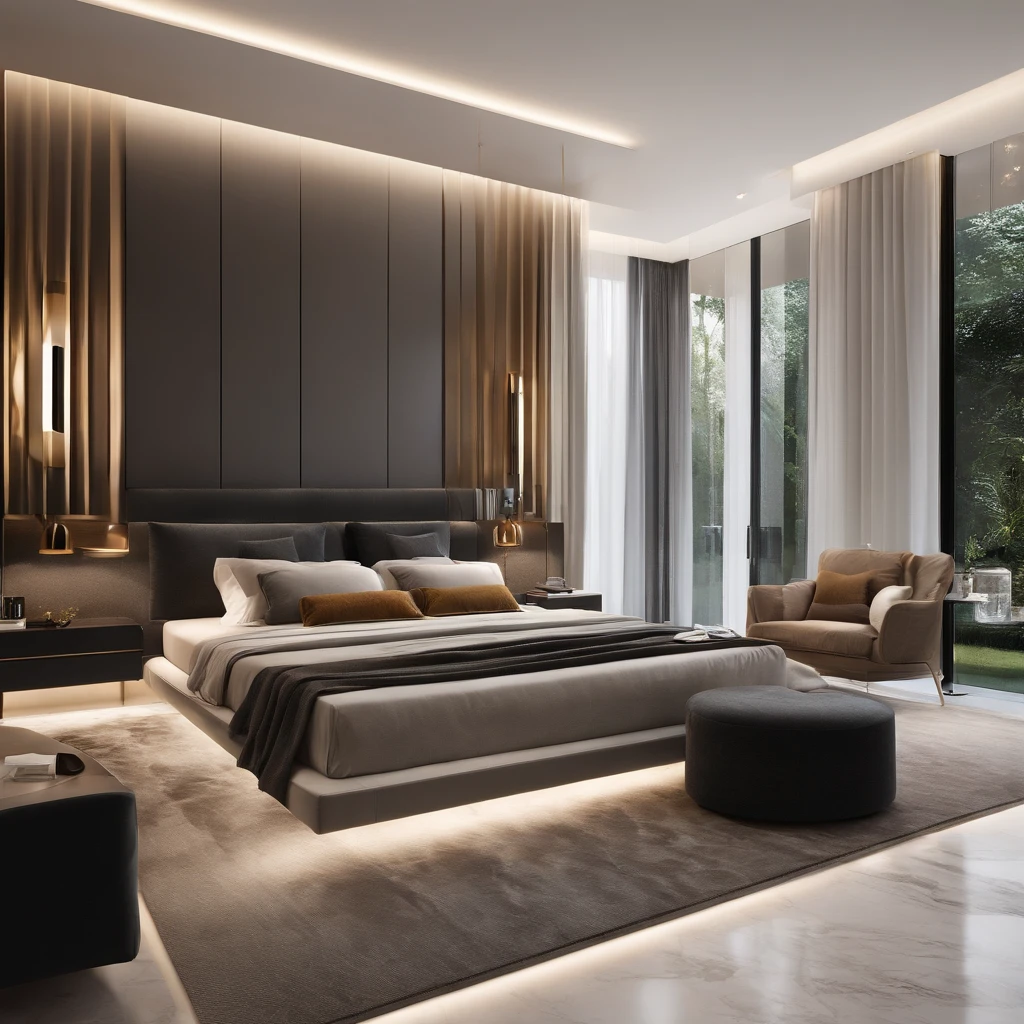 "(Best quality,4K,8K,A high resolution,Masterpiece:1.2),Ultra-detailed,Realistic,modern bedroom,contemporary design,sleek furniture,of decoration,Elegant color palette,Minimalist,Large windows,Plenty of natural light,high ceiling,spacious,Open concept,Unique lighting fixtures,marble floor,Unique artwork,Stylish carpets,comfortable seating,Plush cushions,Polished surface,metal decoration".