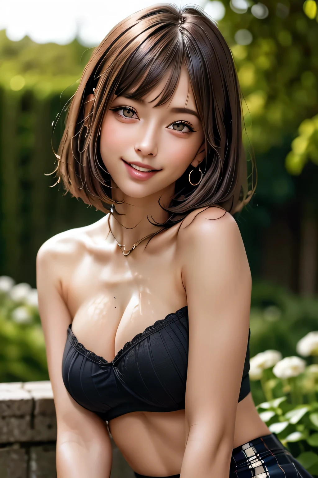 (8k, RAW Photos, highest quality, masterpiece, Realistic, Realistic), (1 female), (Ultimate beauty), Highly detailed face, (Perfect Teeth), Beautiful Eyes, double eyelid, eyelash, smile, Lip details, Brunette Bob, The light shines on your face, Big Breasts, ((T-Shirts)), (Tight mini skirt), (background: garden), ((Written boundary depth))