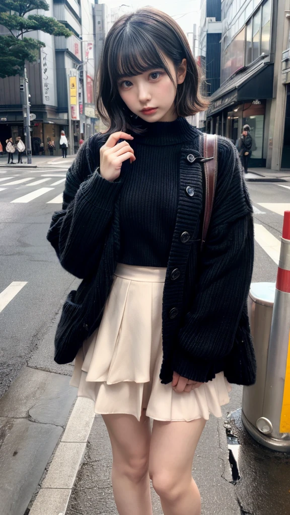 muste piece, best quality, illustration, Super detailed, fine details, High resolution, 8K,wall paper, perfect dynamic composition,(Details High quality, realistic depiction of eyes:1.3), short hair, (wavy hair:1.2),  Gorgeous and stylish black fluffy latest trend Tokyo winter clothes, Pea coat, wool sweater, A-line skirt, Layered Cut, black hair color, Big Natural Color Lip, sexy pose, crying a little、cold gaze, Harajuku style、20 year old girl、cute type、ta, hposing Gravure Idol, full body photo、focus on crotch, huge breasts