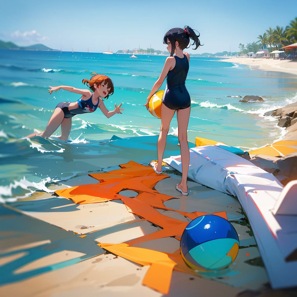 Three girls、Swimwear、Painting with depth、Playing with a beach ball on the sand at the sea、、赤いSwimwear一人、青いSwimwear一人、黄色いSwimwear一人、Over quality、Over-spec、Super cute、Three-dimensional