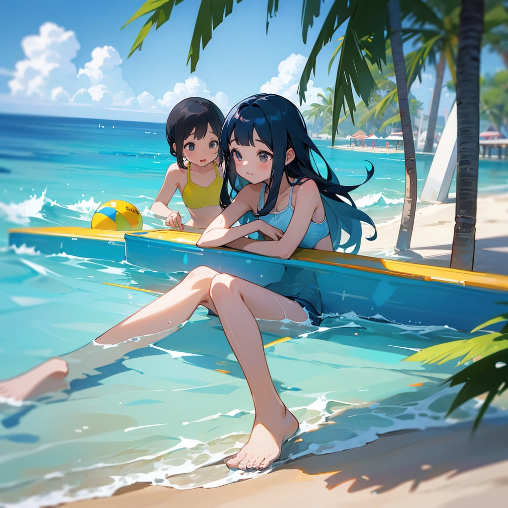 Three girls、Swimwear、Painting with depth、Playing with a beach ball on the sand at the sea、、赤いSwimwear一人、青いSwimwear一人、黄色いSwimwear一人、Over quality、Over-spec、Super cute、Three-dimensional