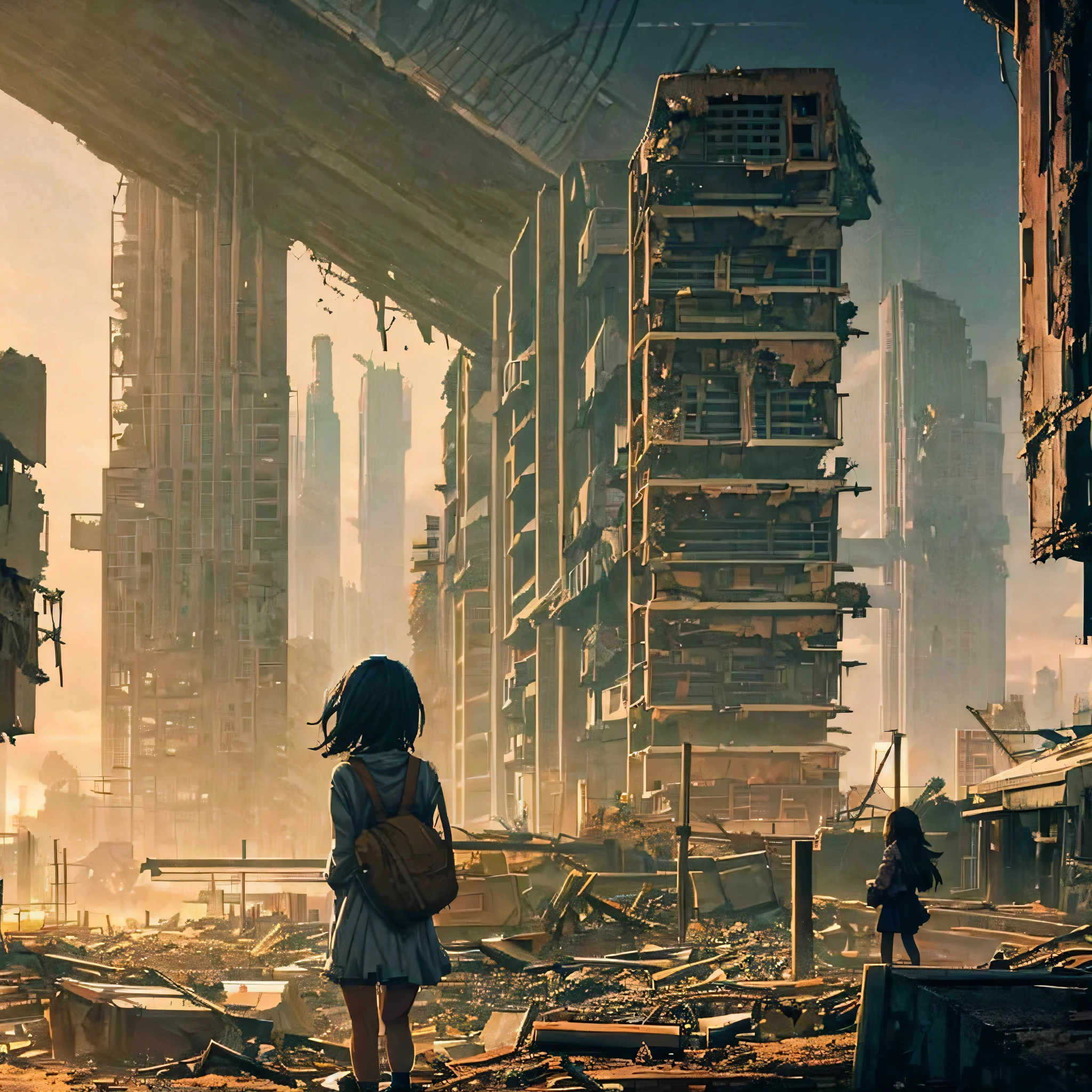 Girl with little clothes walking towards the dark city, anime style landscape, decaying city, poor lighting, girl walking in the city, planet seen in the sky, destroyed apocalyptic city, flora growing in the middle of the city