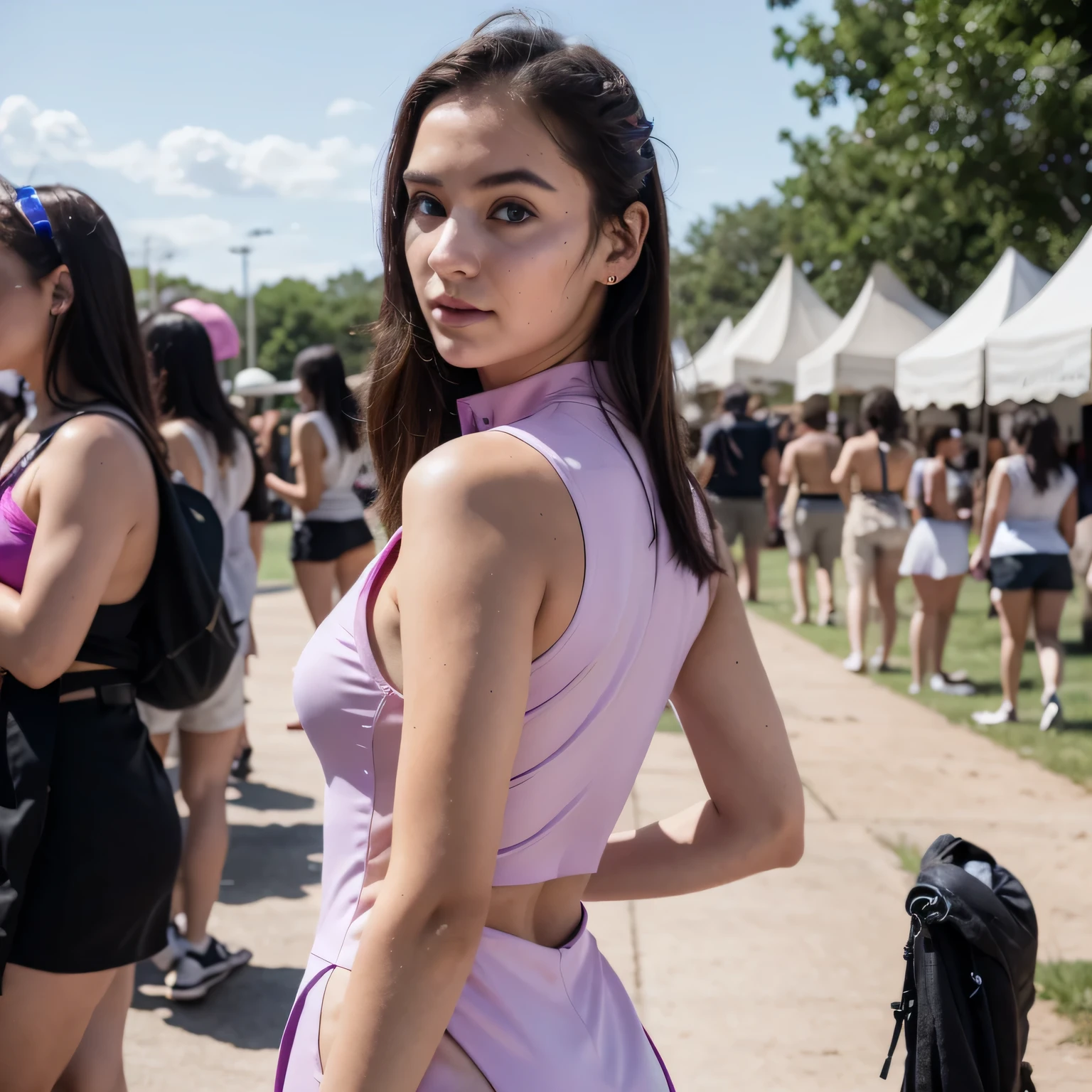 photo of a college student, in Purple Pink, futuristic space suit, (freckles:0.8) cute face, sci-fi, dystopian, detailed eyes, Heterochromia eyes((Side view)),music festival,Activity