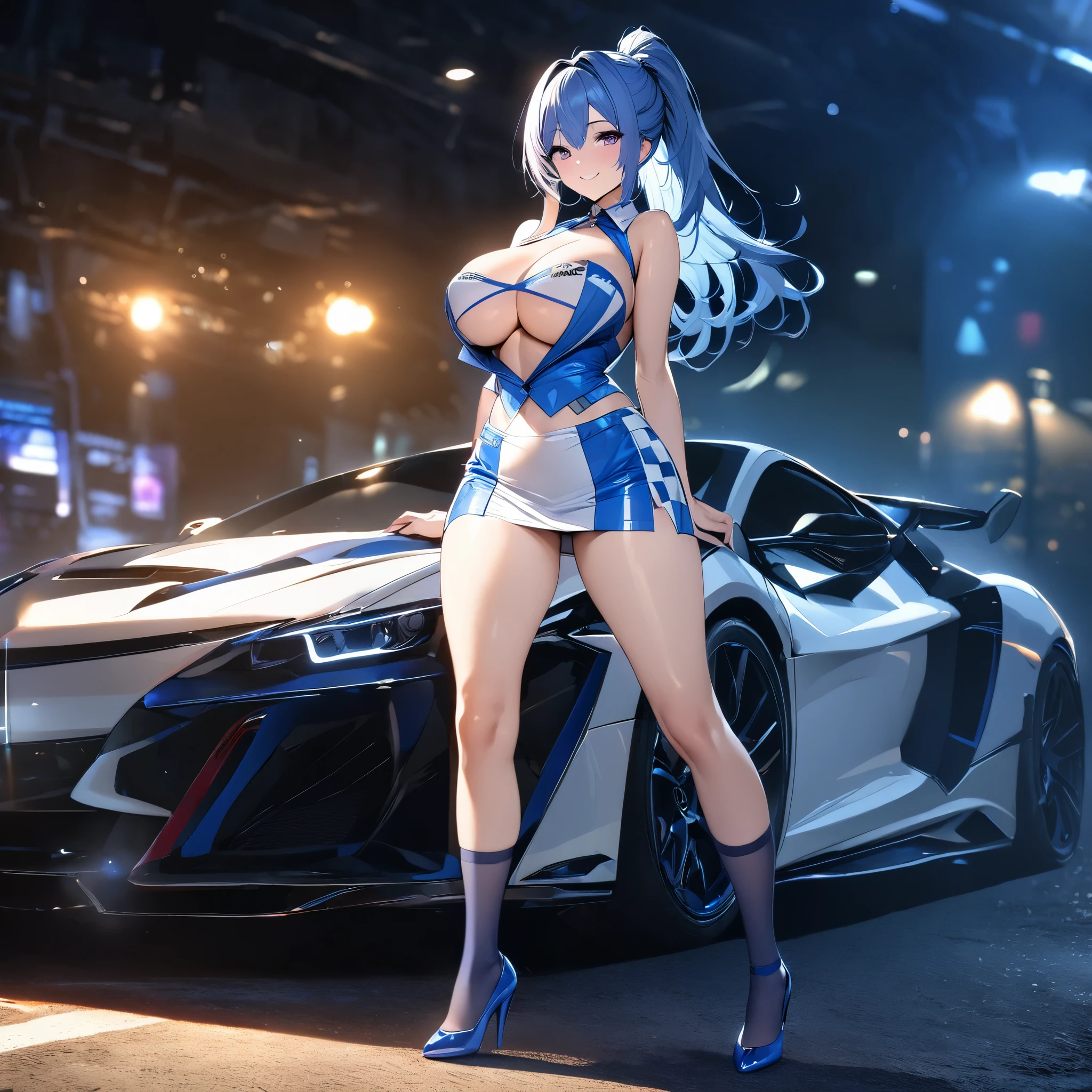 a woman wearing a race queen costume, white with blue details, short skirt, long blue socks, blue hair, ponytail hair, big breasts, purple eyes, smiling, standing and sitting on the hood of a white race car with blue details , blue heels, night place with lighting full body, (woman solo), HDR, ultra resolution, sharp, masterpiece, 8K HD
