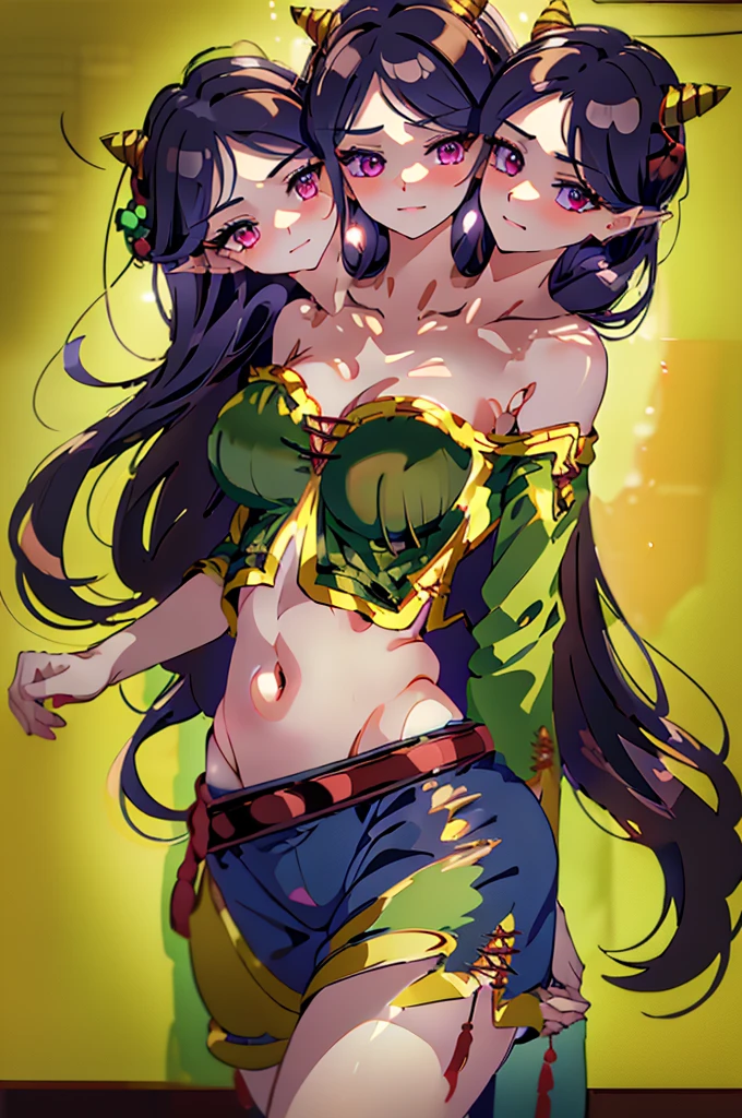 (masterpiece, best quality), best quality,,(ultra-detailed), (3heads:1.5), 1girl, (Nippaku Zanmu:1.3), masterpiece, best quality, ultra quality, ultra resolution, ultra detail, green top, crop top, ((stomach)), midriff, ((groin)), blue skirt, normal ears, shackles, purple-black hair, very long hair, wavy hair, sidelocks, crimson eyes, parted lips, single horn, sweat, cute, toned belly, hand on own chest, eyelashes, (24 year old woman:1.3), (masterpiece:1.5), (best quality:1.5), (beautiful detailed), extremely detailed CG, extremely delicate and beautiful, depth of field, (finely detailed face), (perfect details:1.2), (mature female:1.3), wide pelvis, slender, large veiny breast, 16k resolution, highres, high quality, high definition, extremely detailed, masterpiece, best quality, purple-black hair, long hair, alluring presence, braid, short skirt, close up, big tits, young,
