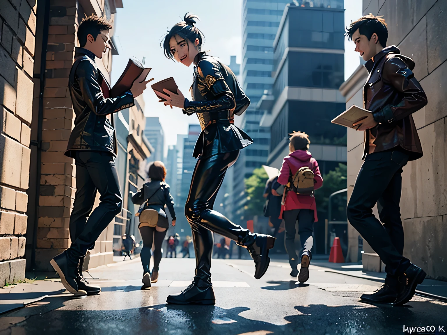 4 k detail fantasy, (((fullbody))), four boys running together, ((reading bible)), (((side view))), happy, laughing, 2. 5 d cgi anime fantasy artwork, modern style, wow 4k detail fantasy, hyperdetailed fantasy character, full image,