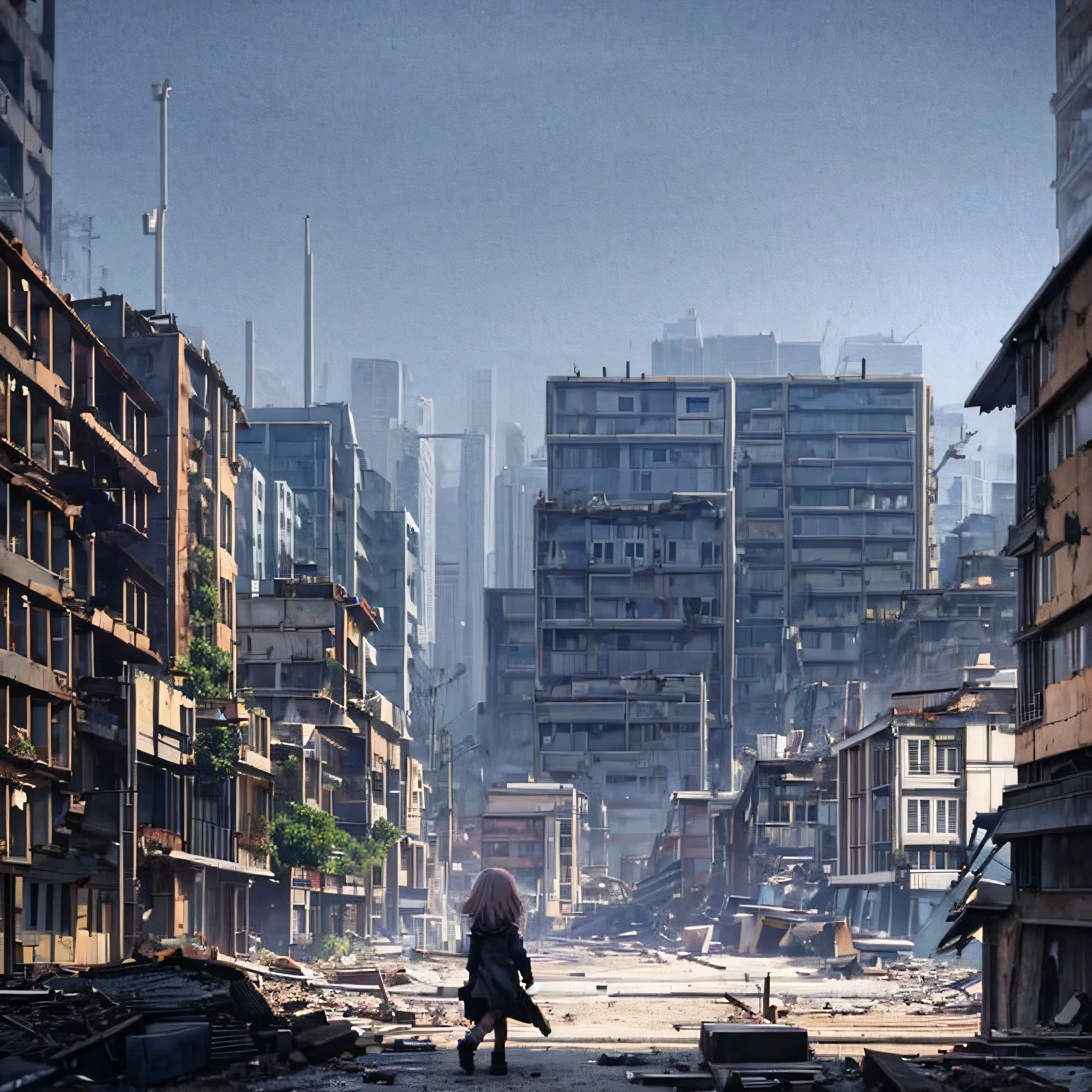 Girl with little clothes walking towards the dark city, anime style landscape, decaying city, poor lighting, girl walking in the city, planet seen in the sky, destroyed apocalyptic city, flora growing in the middle of the city