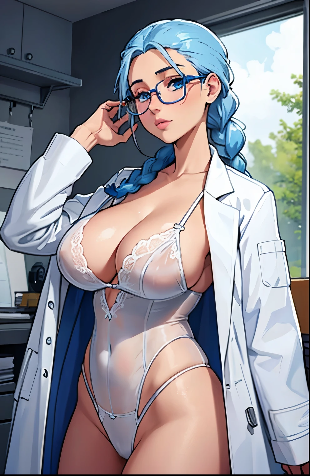 Beautiful face, blue eyes, light blue pony tail hair , braid, very big tits , wearing white lingerie, straps, transparent glasses, doctor's coat