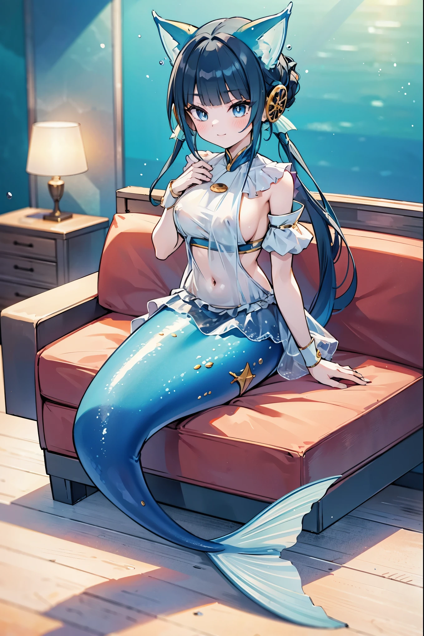 masterpiece, best quality,(Full fingers),A woman,niniygo, blue hair, blue eyes, see-through, dress, cat ears,Large Breasts,Mermaid,藍色的Mermaid尾巴,head fins,full-body shot,living room,Sitting on the sofa,charming脸(Kawaii, charming,Soft)