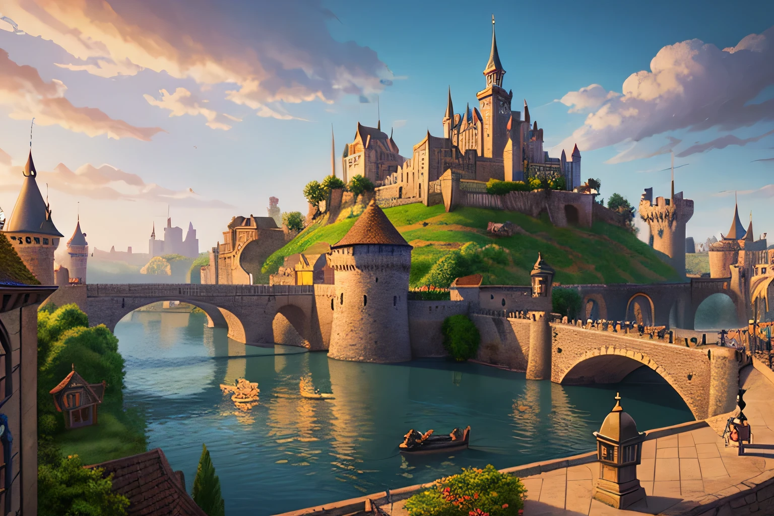 Painting of a castle with a bridge and a river, Matte painting by Kelembeit, Artstation Contest Winner, Fantasy art, medeival fantasy town, fantasy town, A bustling magical town, fantasy town setting, fantasy capital city, Medieval town, Fantasy Cityscape, Fantasy architecture, Steampunk village castle, Medieval city, Fantasy Highly detailed