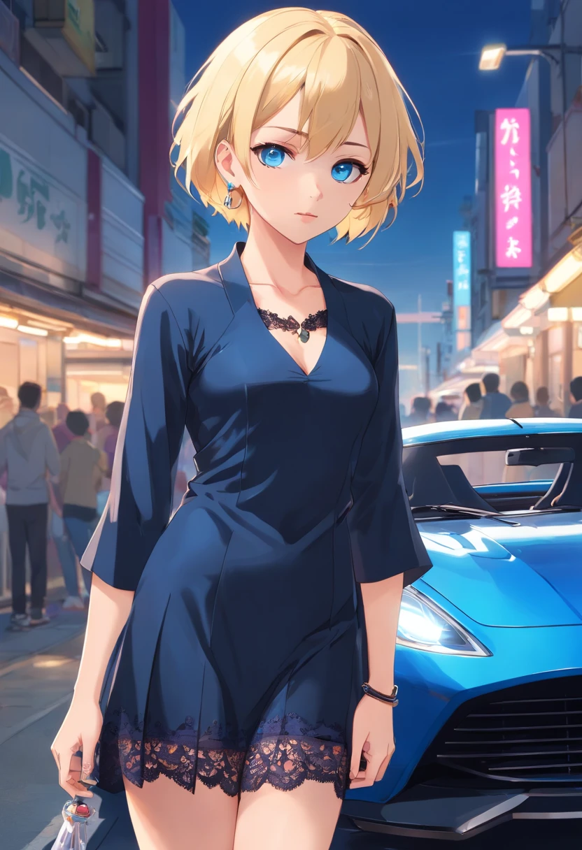 17 years old Women, ((Blonde)), ((Blue eyes)), ((Short hair)), ((Full shot)), very detailed makeup, pale pink lipstick, long earrings, bare shoulders and jewelry necklace, black satin dress with lace, a bracelet on her arm and black high-heeled shoes, standing in front of a sports car