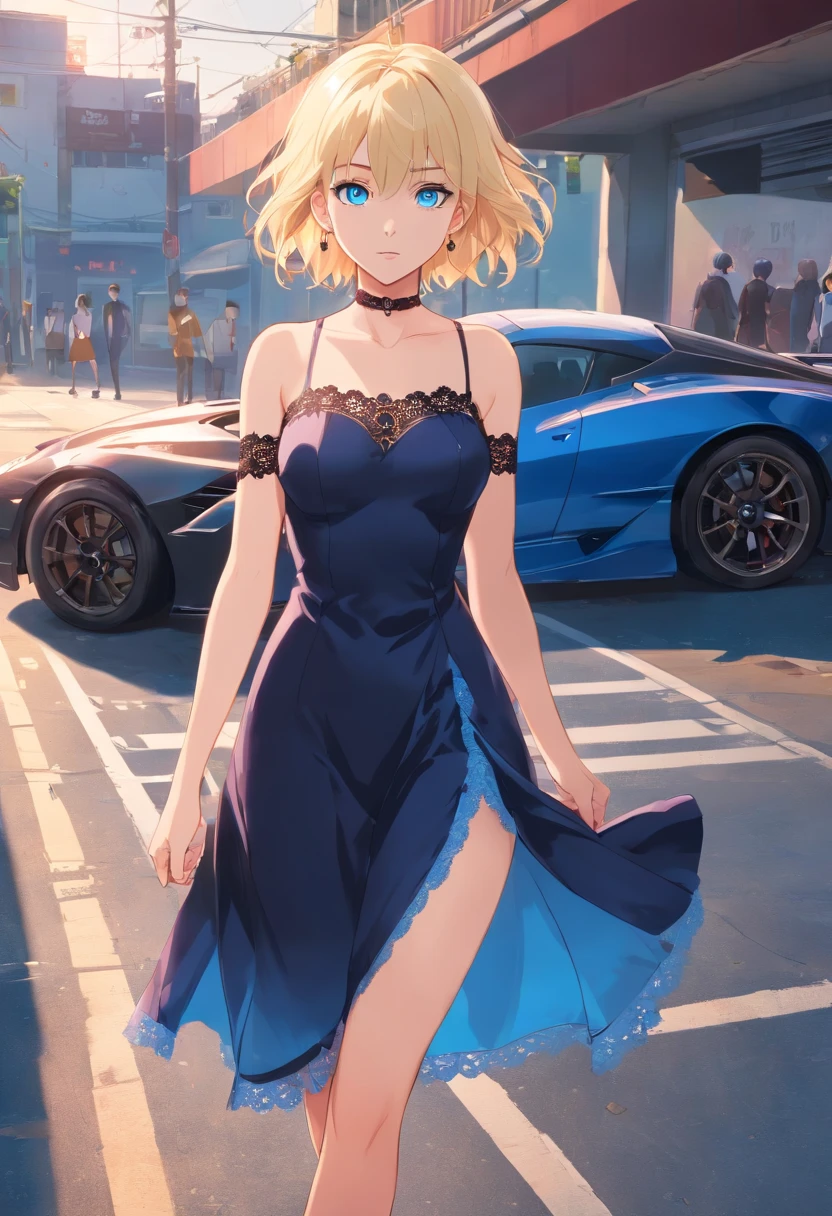 17 years old Women, ((Blonde)), ((Blue eyes)), ((Short hair)), ((Full shot)), very detailed makeup, pale pink lipstick, long earrings, bare shoulders and jewelry necklace, black satin dress with lace, a bracelet on her arm and black high-heeled shoes, standing in front of a sports car