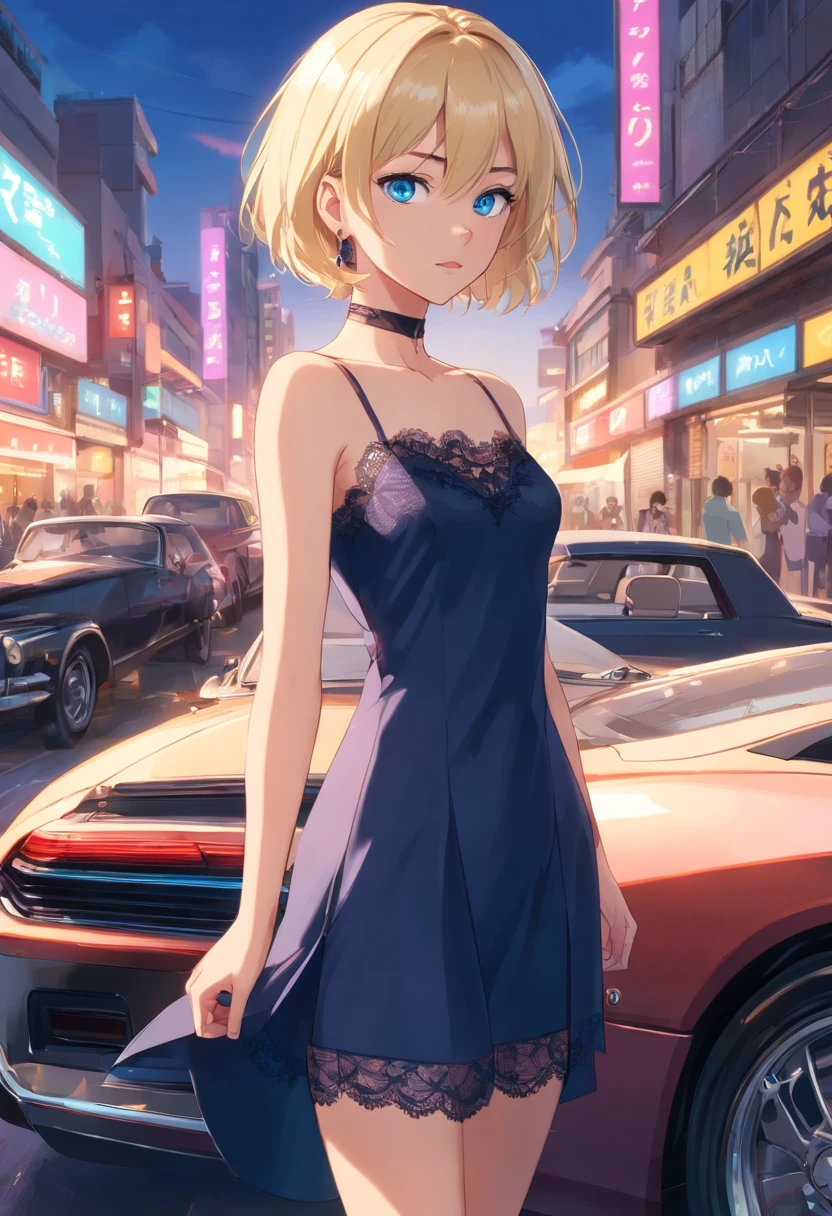 17 years old Women, ((Blonde)), ((Blue eyes)), ((Short hair)), ((Full shot)), very detailed makeup, pale pink lipstick, long earrings, bare shoulders and jewelry necklace, black satin dress with lace, a bracelet on her arm and black high-heeled shoes, standing in front of a sports car