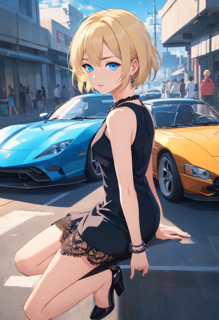 17 years old Women, ((Blonde)), ((Blue eyes)), ((Short hair)), ((Full shot)), very detailed makeup, pale pink lipstick, long earrings, bare shoulders and jewelry necklace, black satin dress with lace, a bracelet on her arm and black high-heeled shoes, standing in front of a sports car